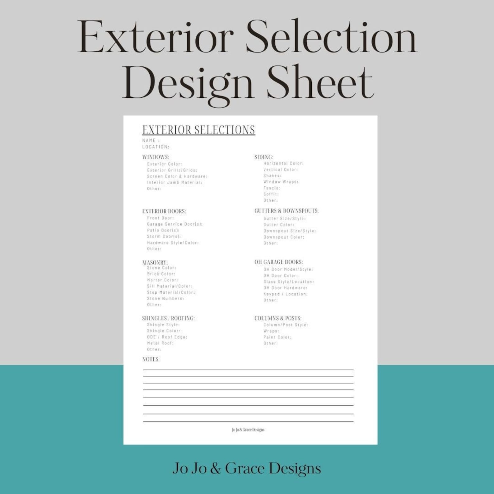 Exterior House Design Selection Sheet, Printable Builder Color Exterior House Design Selection Sheet, Printable Builder Color