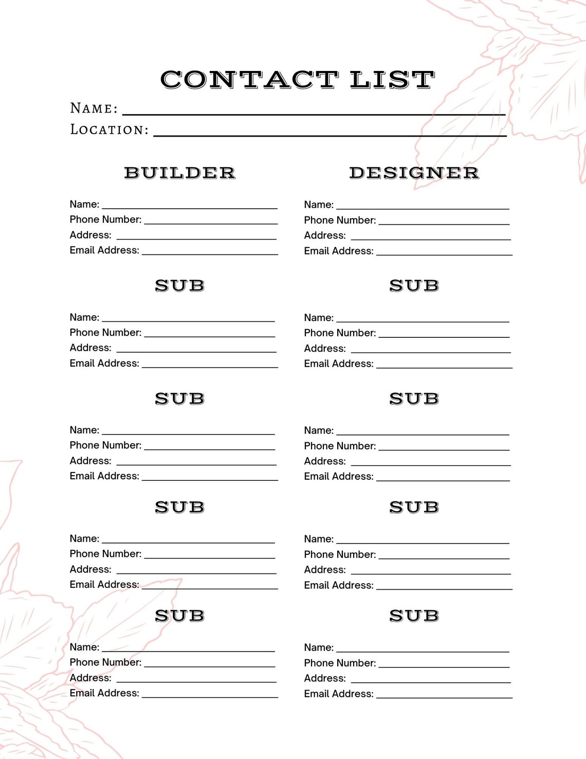 Construction Contact List: Builder & Designer Information (PDF) - Etsy