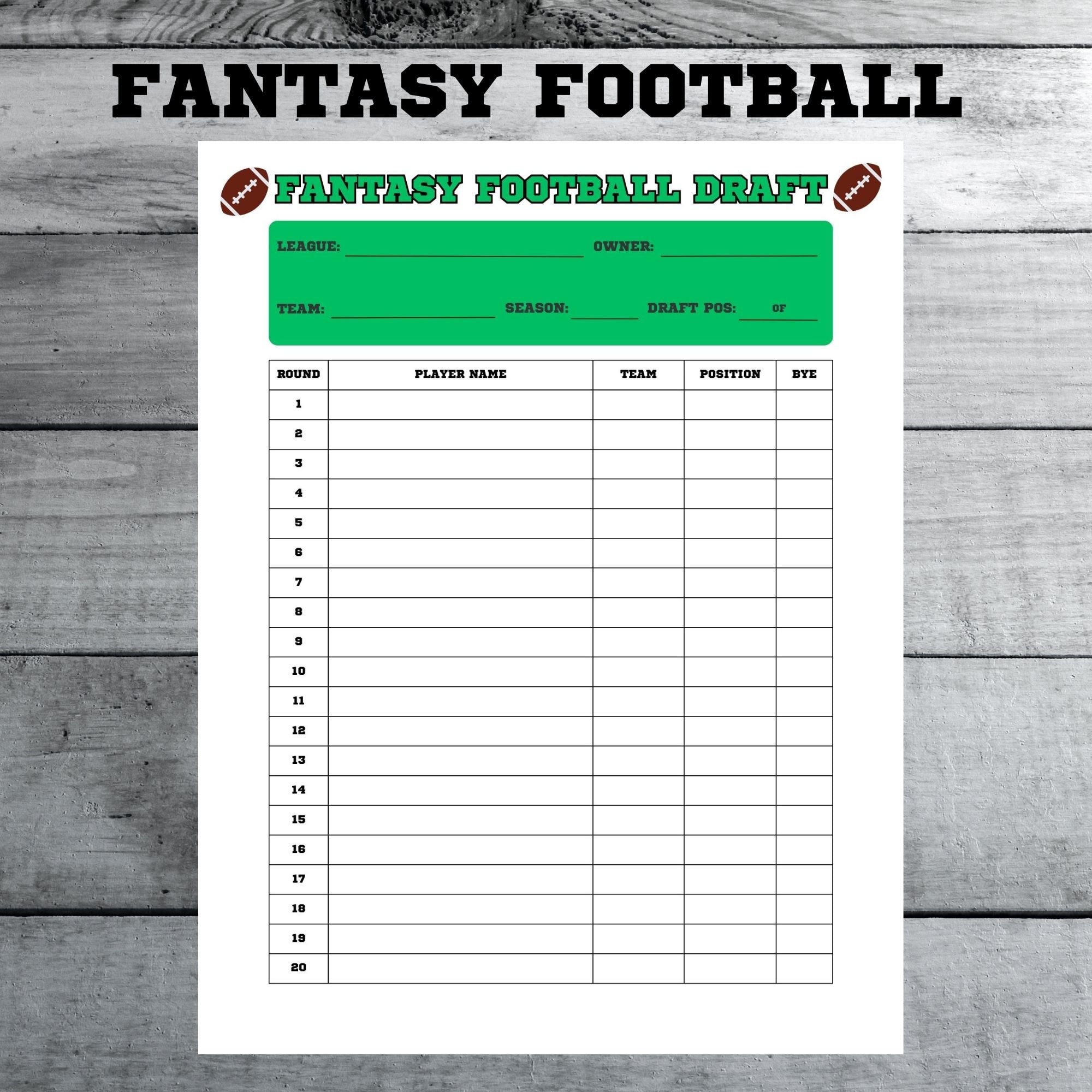 Fantasy Football Draft Sheet, Football Draft Kit Paper, Fantasy