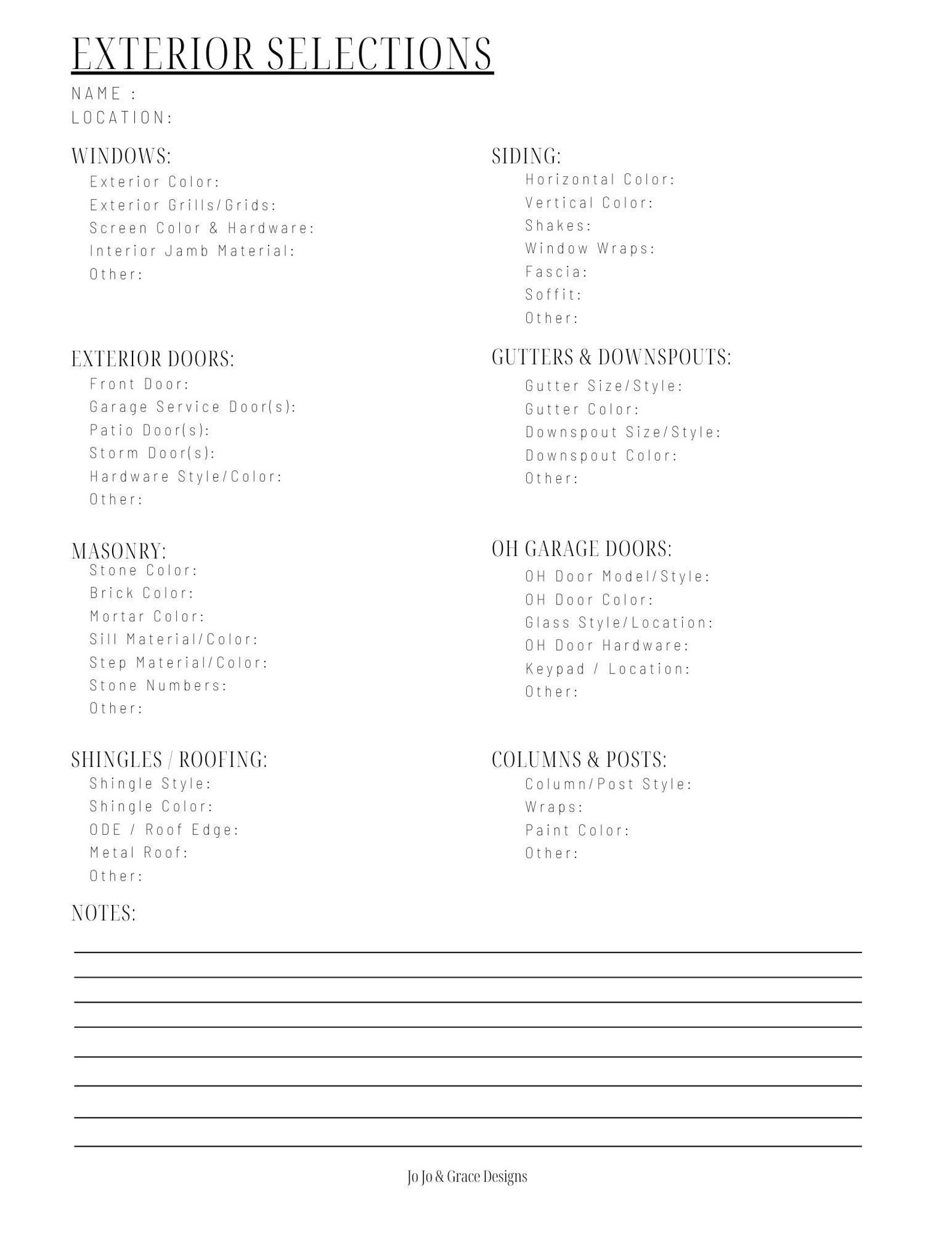 Exterior House Design Selection Sheet, Printable Builder Color Exterior House Design Selection Sheet, Printable Builder Color