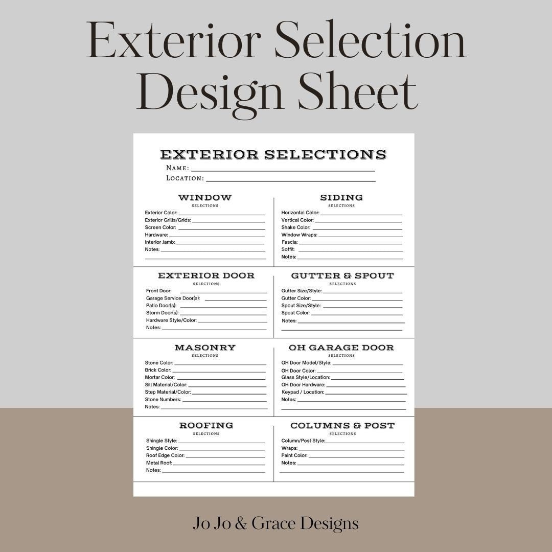Exterior House Design Selection Sheet, Printable Builder Color