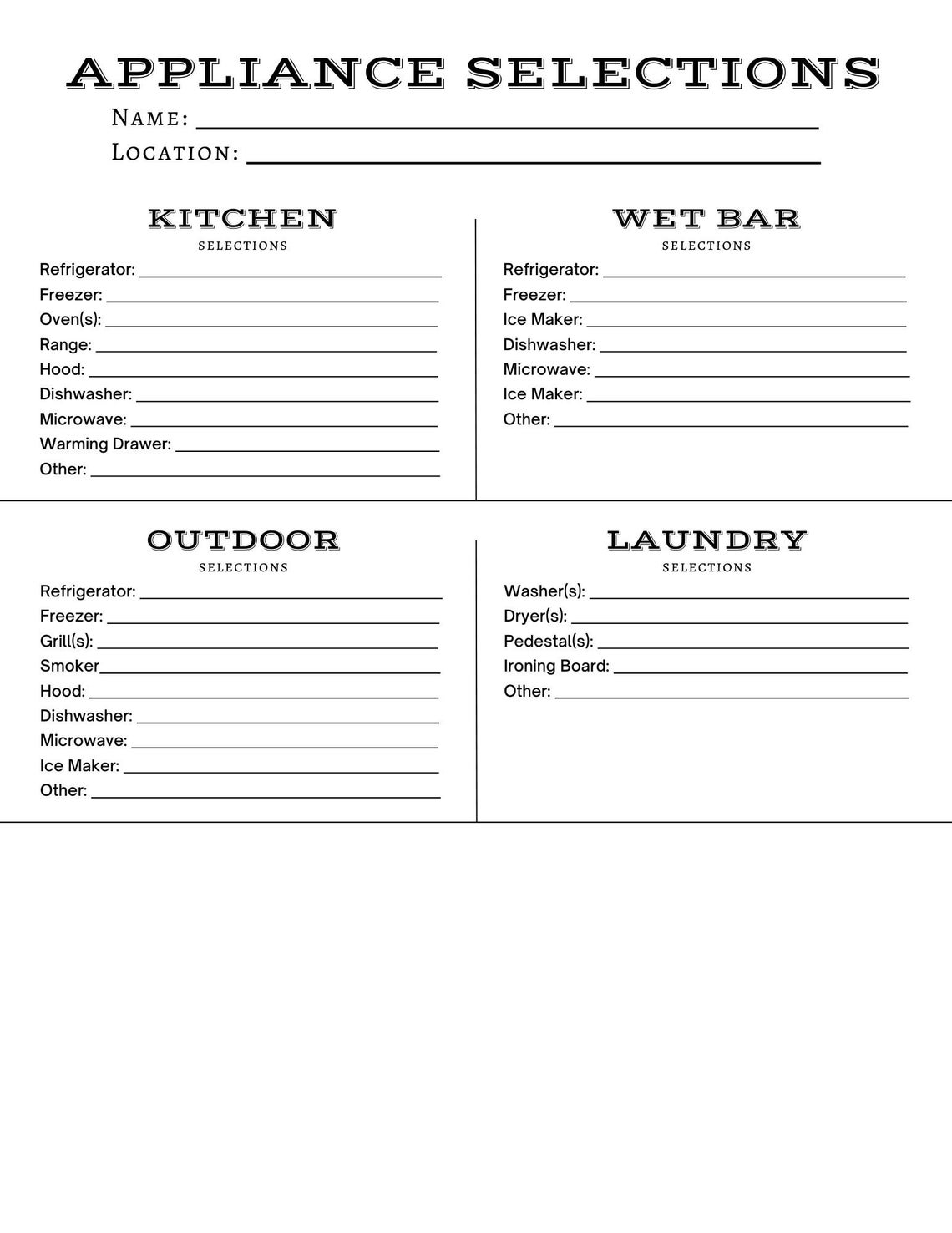 Appliance Selection Sheet Building Product Sheet Appliance Etsy