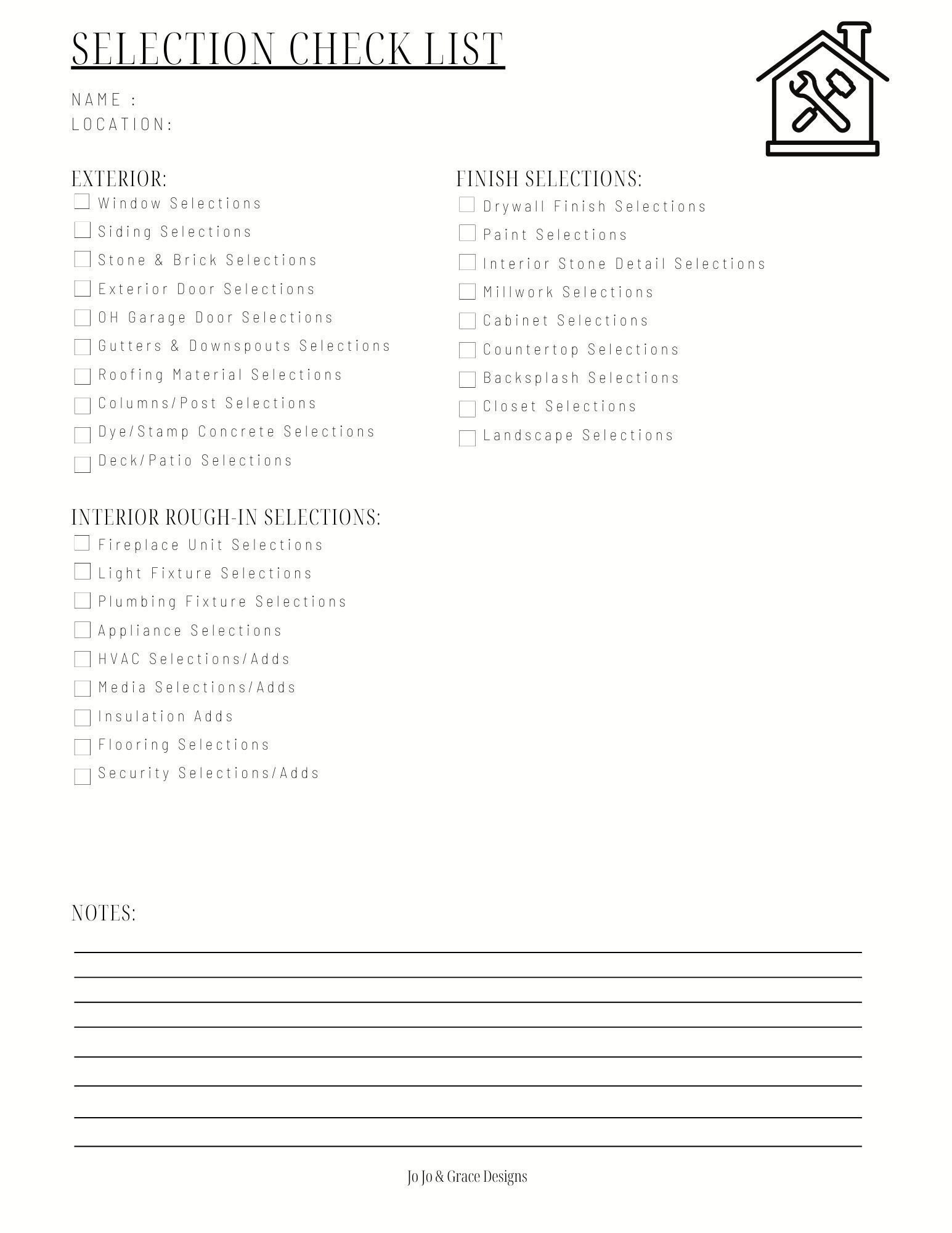 Interior Design Selection Checklist, Printable Interior Design Sheet Interior Design Selection Checklist, Printable Interior Design Sheet