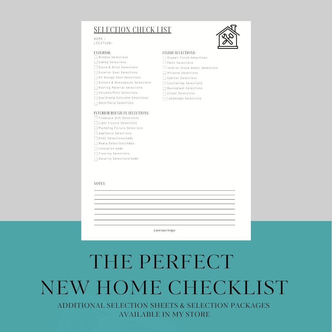 Interior Design Selection Checklist, Printable Interior Design Sheet