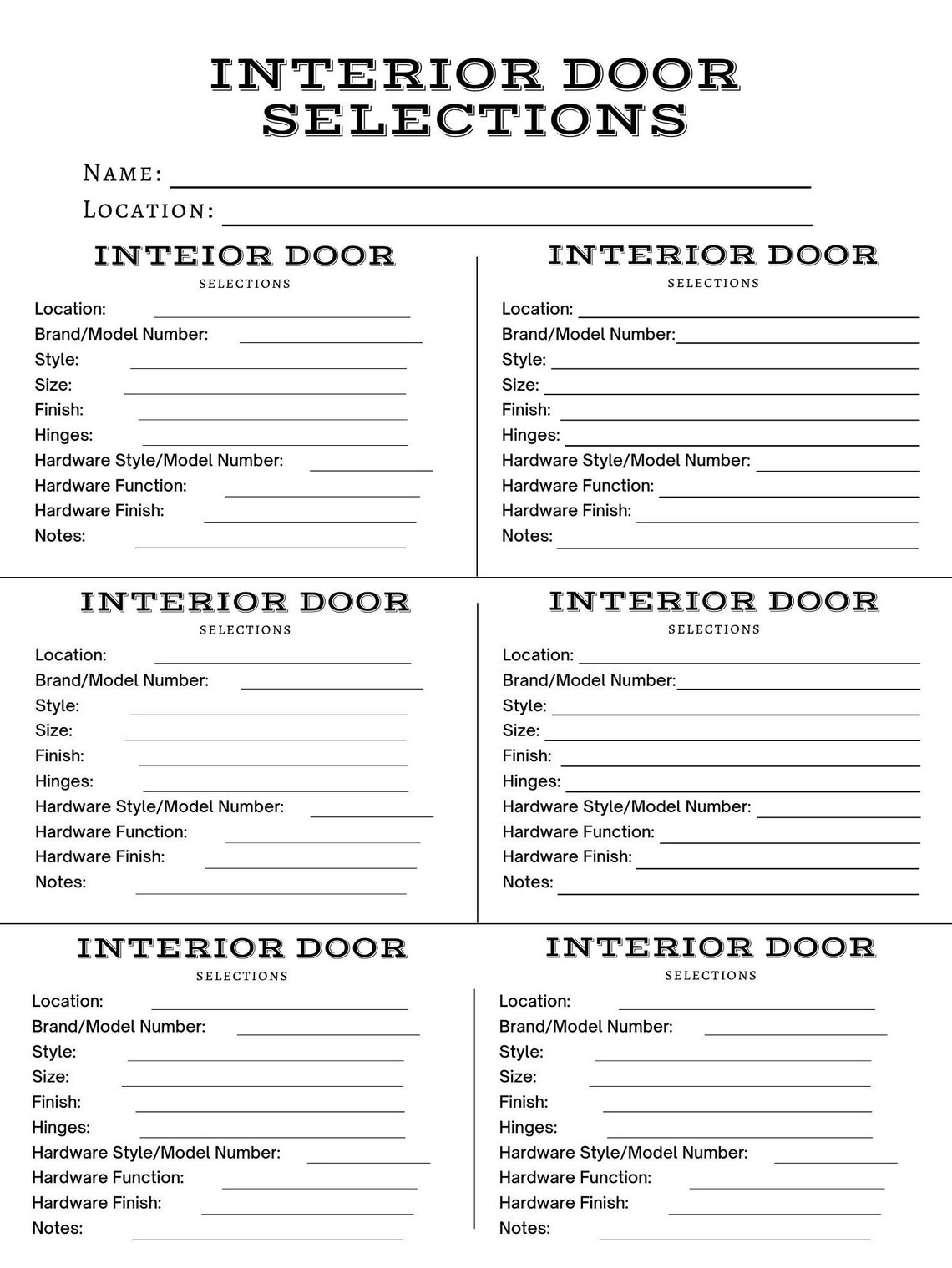 Interior Door Selection Sheet, Door Material Selections, Home Building