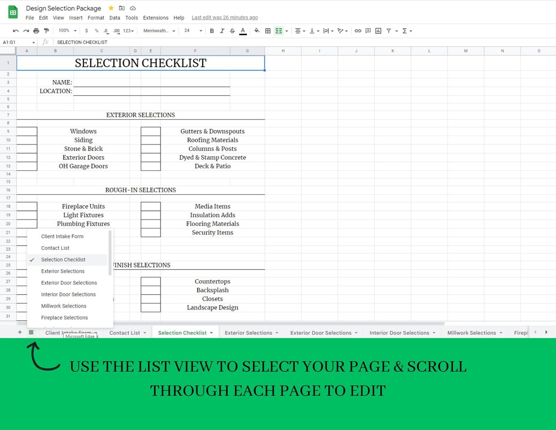 New Home Design Selection Sheets Google Sheets Customizable Template