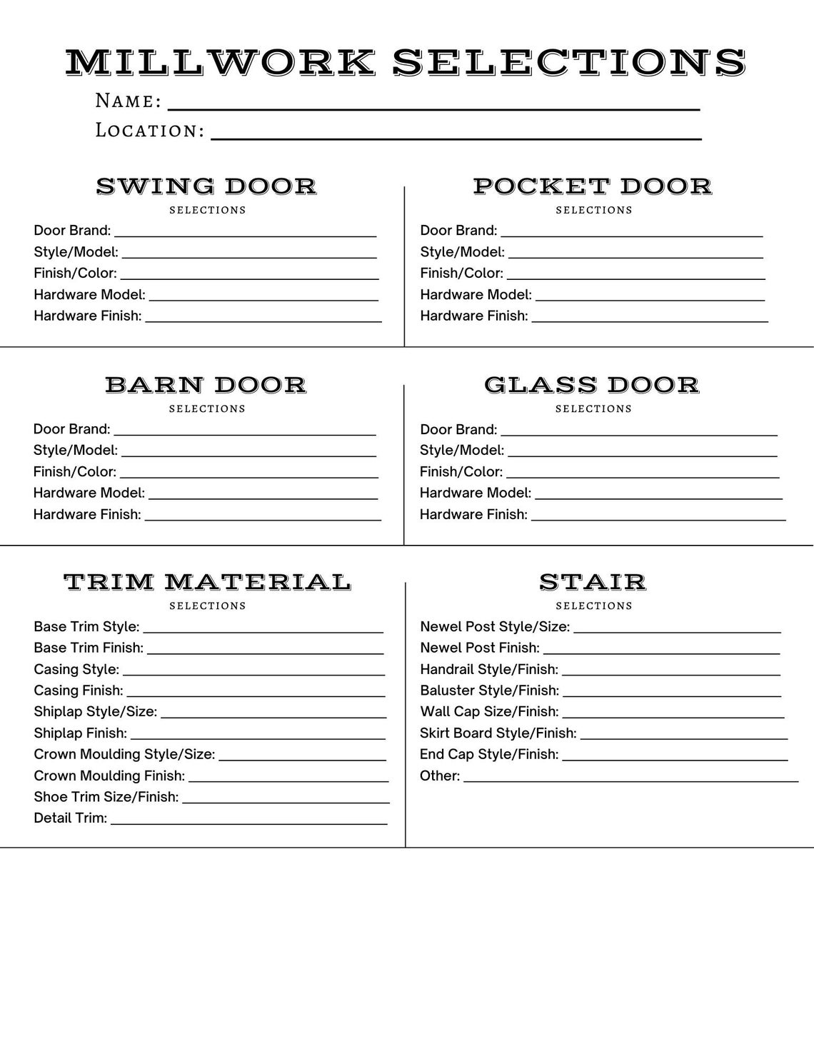 Millwork Trim Selection Sheet, Building Product Sheet, Millwork