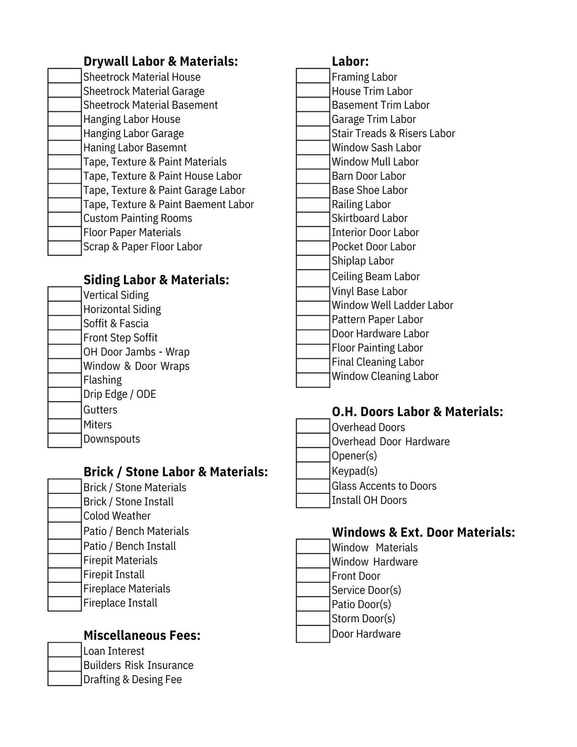 Estimating Construction Checklist for New Home, Builder Bid Sheet ...
