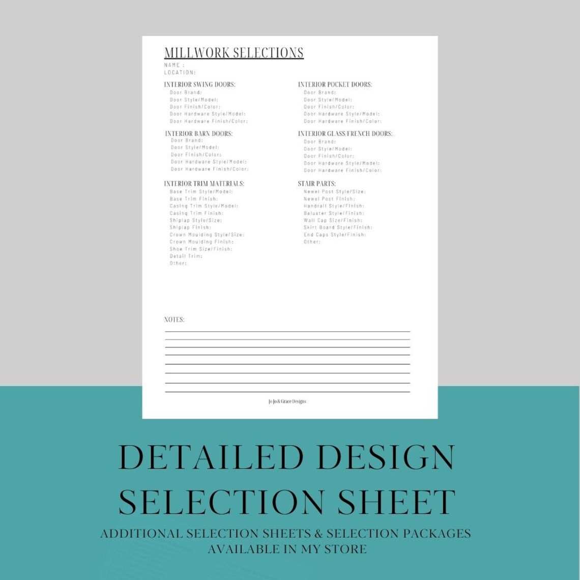 Millwork Design Selection Sheet, Printable Builder Color Selections