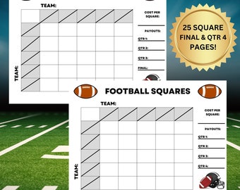 25 Square Big Game Football Squares Game Final and Quarter 4 Pages, 25 Square Big Game Sport Bet, Football Gambling Boards, Fantasy Game Day