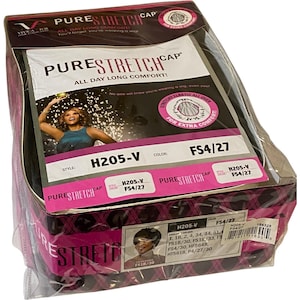 May include: A packaged wig cap labeled "PURESTRETCH CAP" with the style "H205-V" and color "FS4/27". The packaging includes an image of a woman and text that reads "ALL DAY LONG COMFORT!" and "STRETCHY ELASTIC ALL OVER FOR EXTRA COMFORT".