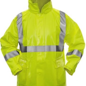 May include: Bright yellow waterproof jacket with reflective silver stripes across the chest, shoulders, and sleeves. The jacket has a high collar and two front pockets. This safety jacket is designed for high visibility.