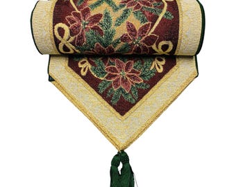 Christmas Tapestry Table Runner Maroon Green Metallic 72" NEW