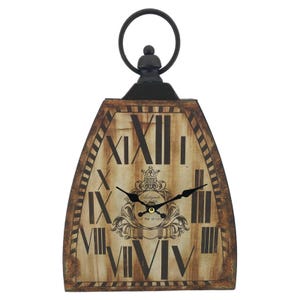May include: A decorative clock with a vintage design. The clock face features Roman numerals and the words "Antiques de Paris". The clock has a black metal handle and a wooden-look face.