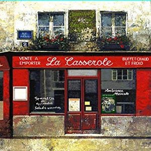 May include: An artistic rendering of a Parisian cafe, "La Casserole," with a red awning and storefront. The building has a weathered appearance, with signs for "Cafe-Hotel" and "Tabac."