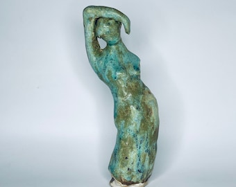 Earthenware Ceramic Torso Sculpture: Verdigris Glaze Studio Pottery, Signed L.D.