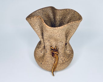 Vintage John Kostelic California Studio Pottery Vase Sack Shaped Bag Shaped Brown Earthenware vase with Leather Cord 14.5 X 13 X 11 CM