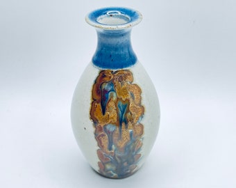 Vintage Bud Vase Grey Turquoise Gold Brown Small 12 cm x 6 cm Bud Vase Signed Studio Pottery BOHO Art Vase