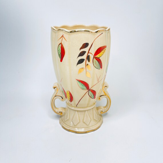 Vintage Arthur Wood Vase Gold Trim Red Green Yellow Leaves Etsy