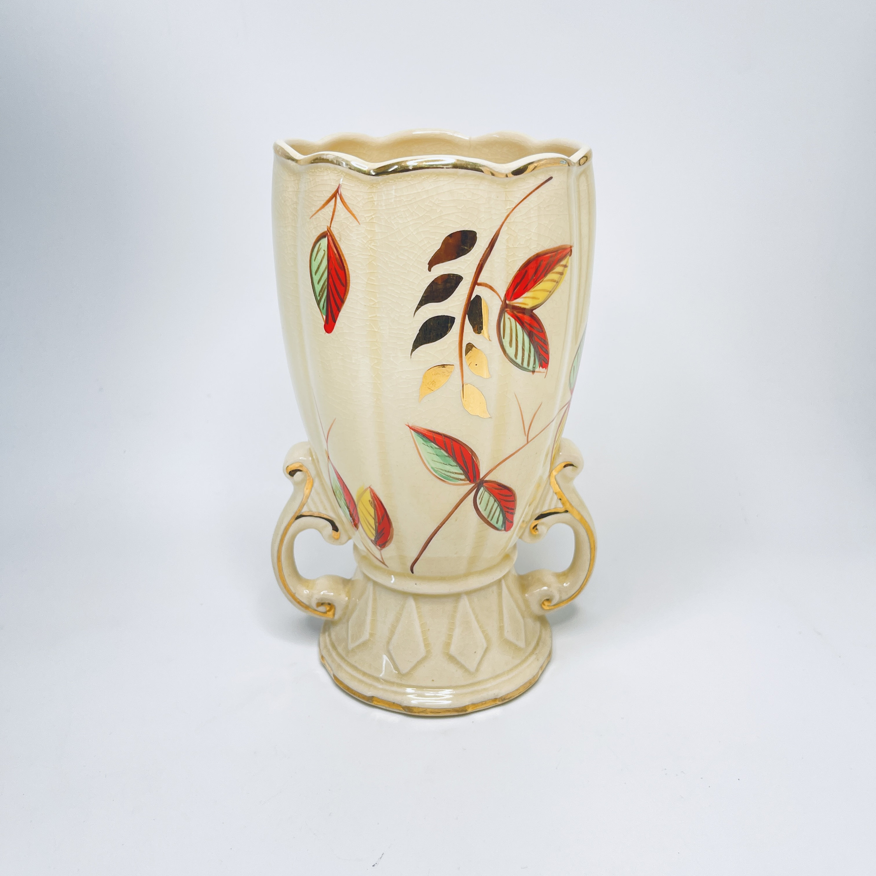 Vintage Arthur Wood Vase Gold Trim Red Green Yellow Cream Leaves Design