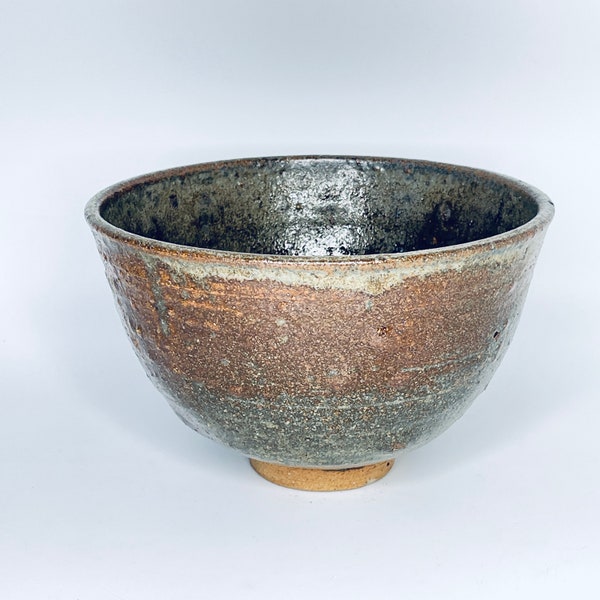 Vintage Stoneware Bowl Studio Pottery Brown Blue Grey Glaze Blistered Surface 17.5 x 11 CM Hand Made Asian Influence Tea Ceremony Art Bowl