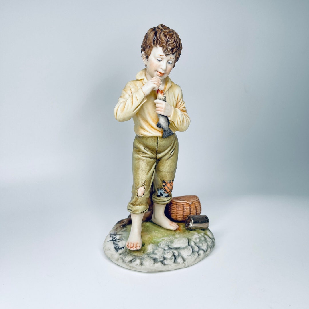 Capodimonte Boy With a Fish Figurine Vintage Fine Porcelain Art by