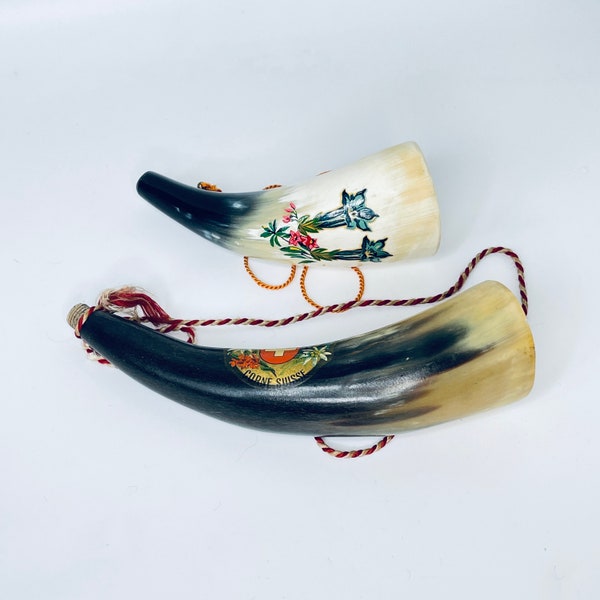 Vintage Horns Pair One Works and the other does not Swiss Souvenir Steer Horn Schweizerhorn Corne Suisse - Low Price