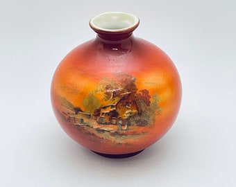 Vintage Orange Ceramic Bud Vase: Signed Village Scene Art
