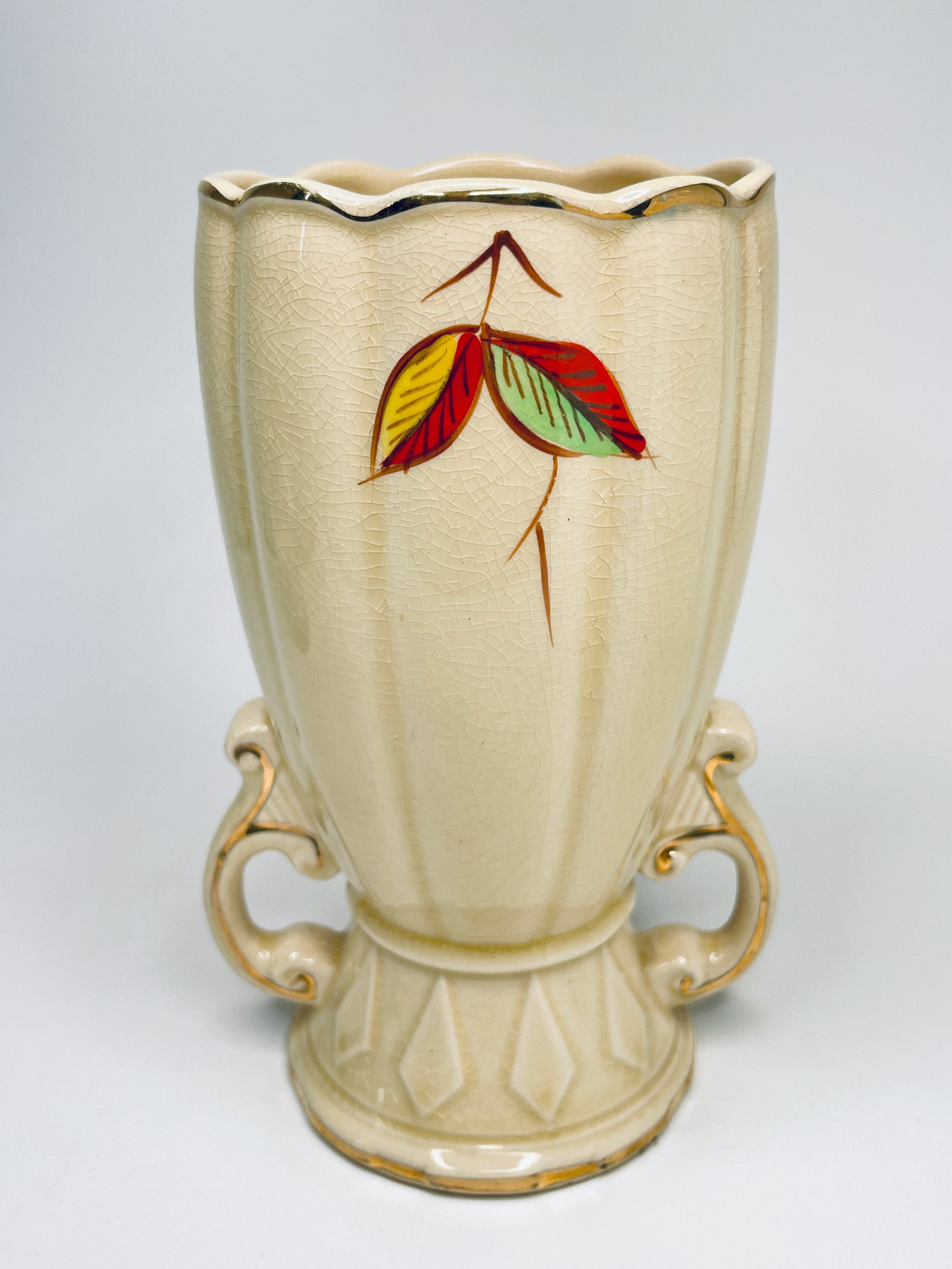Vintage Arthur Wood Vase Gold Trim Red Green Yellow Leaves Etsy