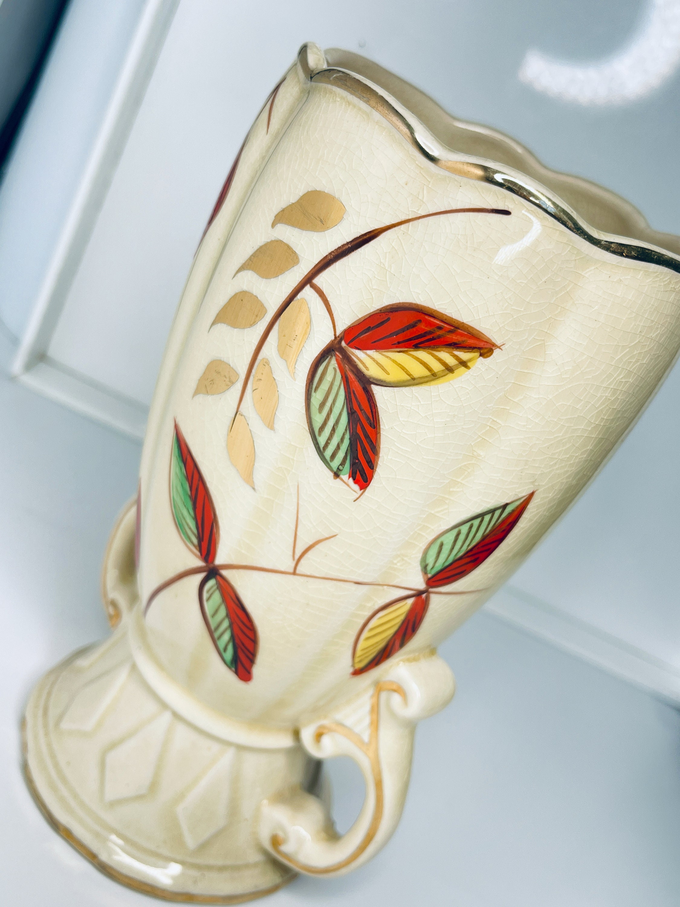 Vintage Arthur Wood Vase Gold Trim Red Green Yellow Cream Leaves Design