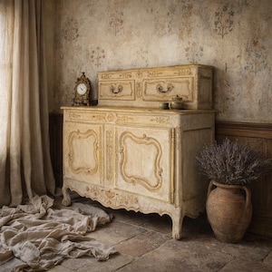 Könnte beinhalten: Ein cremefarbenes antikes Sideboard mit zwei Schubladen und zwei Türen, verziert mit kunstvollen Schnitzereien und goldenen Akzenten. Eine kleine Uhr und ein Keramiktopf stehen darauf. Eine Terrakotta-Vase enthält Lavendel, und ein beiger Vorhang hängt links.