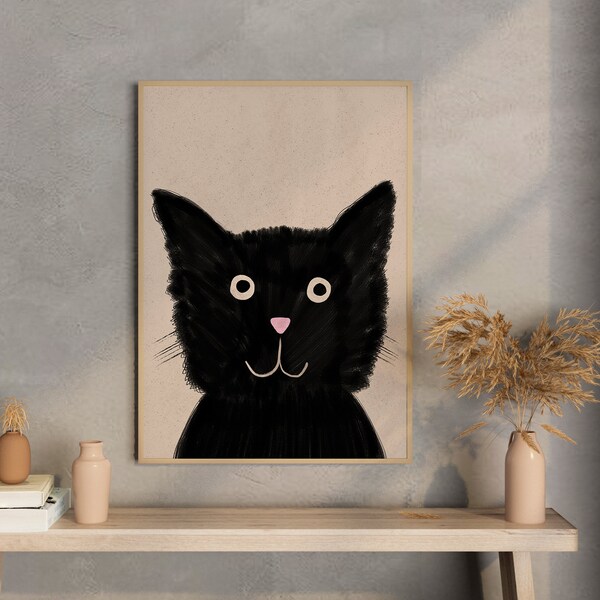 Printable Halloween Hand Drawn Funny Black Cat Wall Art Decor. Digital Download.