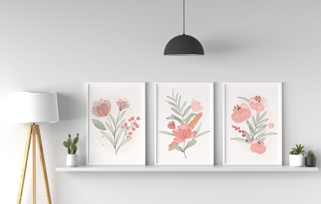 Pink Watercolor Flower Wall Art Print Set of 3. Boho, Rustic, Modern ...