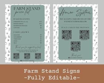 Conjunto de letreros editables para puestos de granja: sistema de honor, lista de precios y código QR (descarga digital)