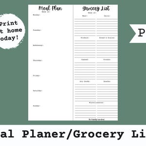 May include: Printable meal planner and grocery list template. The template is divided into two sections: a meal planner with days of the week and a grocery list with categories for meat, dairy, produce, bread and grains, canned goods, frozen foods, dry goods, snacks, and miscellaneous items.