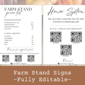 Bearbeitbares Farm Stand Sign Bundle | Digitaler Download | Preisliste, Menükarte, QR-Code Zahlungsschilder für Hometeters, Bauernmarkt, Cottagecore