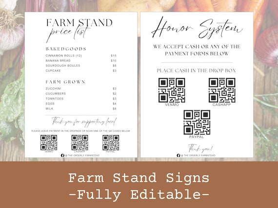 Editable Farm Stand Sign Bundle: Price List, QR Code Payment (Digital Download)