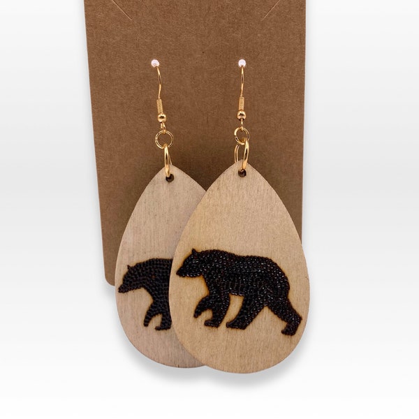 Pair of handmade, wood-burned earrings with an image of bear in silhouette (gold-color or silver-color wire hooks) | Drop Dangle Earrings