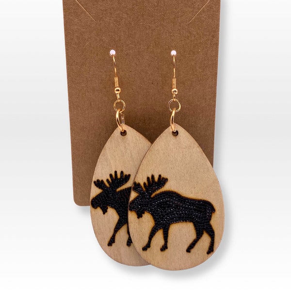 Pair of handmade, wood-burned earrings with an image of moose in silhouette (gold-color or silver-color wire hooks) | Drop Dangle Earrings