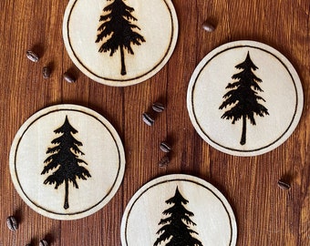 Handmade, wood burned tree silhouette coasters