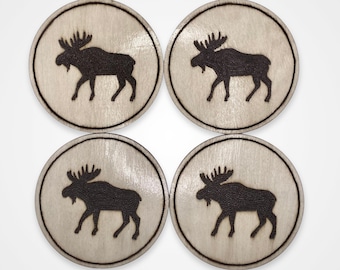 Handmade, wood burned moose silhouette coasters
