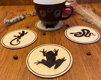 Set of handmade, wood burned reptile and amphibian silhouette coasters, herpetology