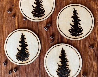 Handmade, wood burned tree silhouette coasters