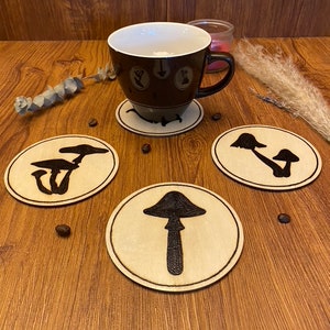 Handmade, wood burned mushroom silhouette coasters, fungi