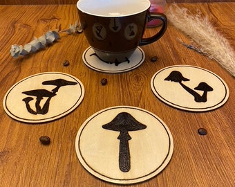Handmade, wood burned mushroom silhouette coasters, fungi