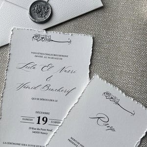 Faire-Part NILUFER, Faire-Part Élégant Bords Déchirés, RSVP ou Henné/Kina, Enveloppe Artisanale, Cachet de Cire, Invitation de Mariage Chic