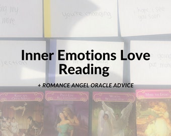 Puede incluir: Un conjunto de cartas de oráculo con bordes rosas y morados, que muestran imágenes de ángeles, parejas y un corazón. Las cartas se titulan "Keep an Open Mind", "Past-Life Relationships", "Worth Waiting For" y "Make the Effort". El texto "Inner Emotions Love Reading + Romance Angel Oracle Advice" está escrito en negro sobre un fondo blanco.