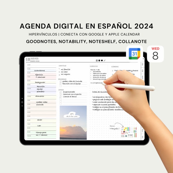 Agenda Digital 2024 Español GOODNOTES, NOTESHELF, NOTABILITY Planificador 2024 Planificador Finanzas Enlaces Google Calendar Apple Calendar