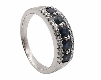 Anillo de oro blanco de 18k con zafiros y diamantes, anillo engastado, anillo de oro blanco 750 para mujer.