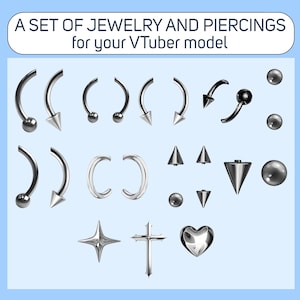Könnte beinhalten: Eine Sammlung silberfarbener Schmuckstücke und Piercings, darunter gebogene Barbells, Circular Barbells und Ohrstecker. Das Bild zeigt einen Stern, ein Kreuz und einen herzförmigen Anhänger. Der Text oben lautet: "A SET OF JEWELRY AND PIERCINGS for your VTuber model."